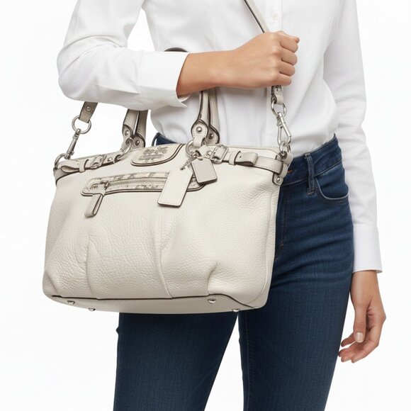 Coach Madison Leather Snake Embossed Sophia Satchel Ivory Grey Shoulder Bag - Picture 2 of 16